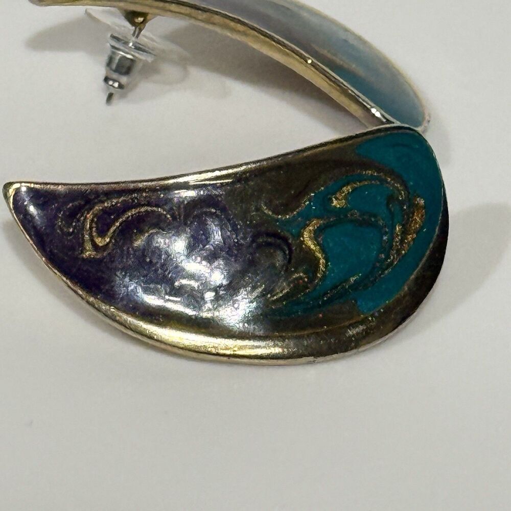 Vintage Enamel Teardrop Earrings Gold Tone Purple Green Blue Abstract Art - Picture 12 of 16